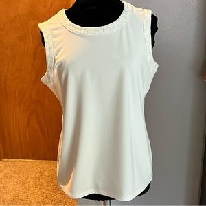 Karl Lagerfeld Paris Ivory Sleeveless Shell Top with Lace Trim and Keyhole Back